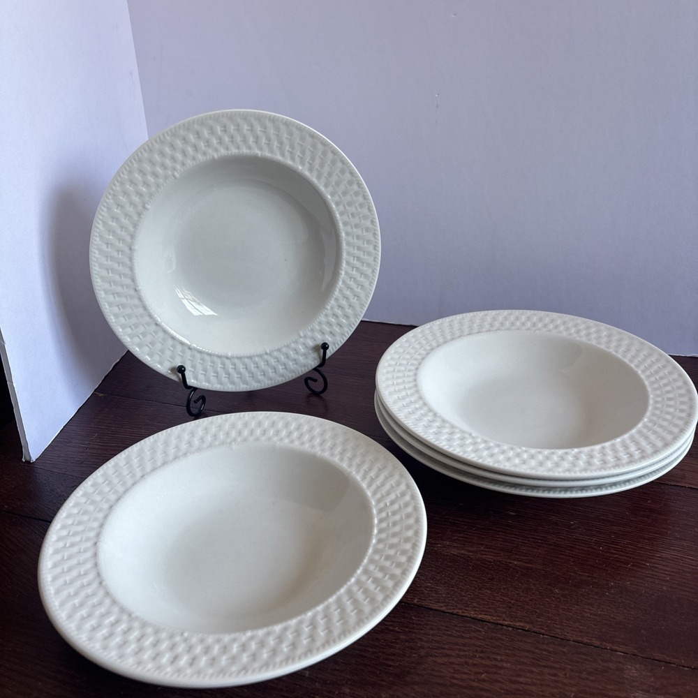 Oneida Wicker Large Rim Soup Bowls White 9" Lot of 5 Basket Weave‎ Wide